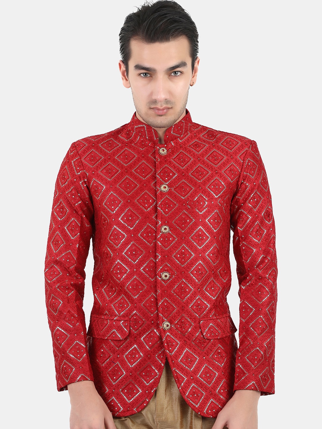 

Avaeta Self Design Embroidered Sequinned Bandhgala Blazers, Red
