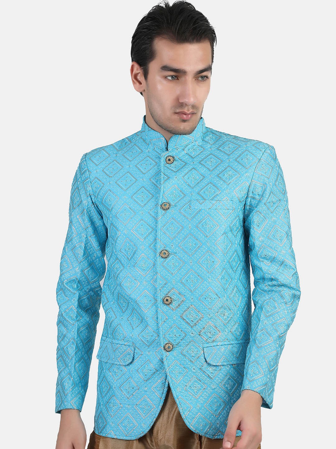 

Avaeta Embroidered Mandarin Collar Silk Bandhgala Blazer, Blue