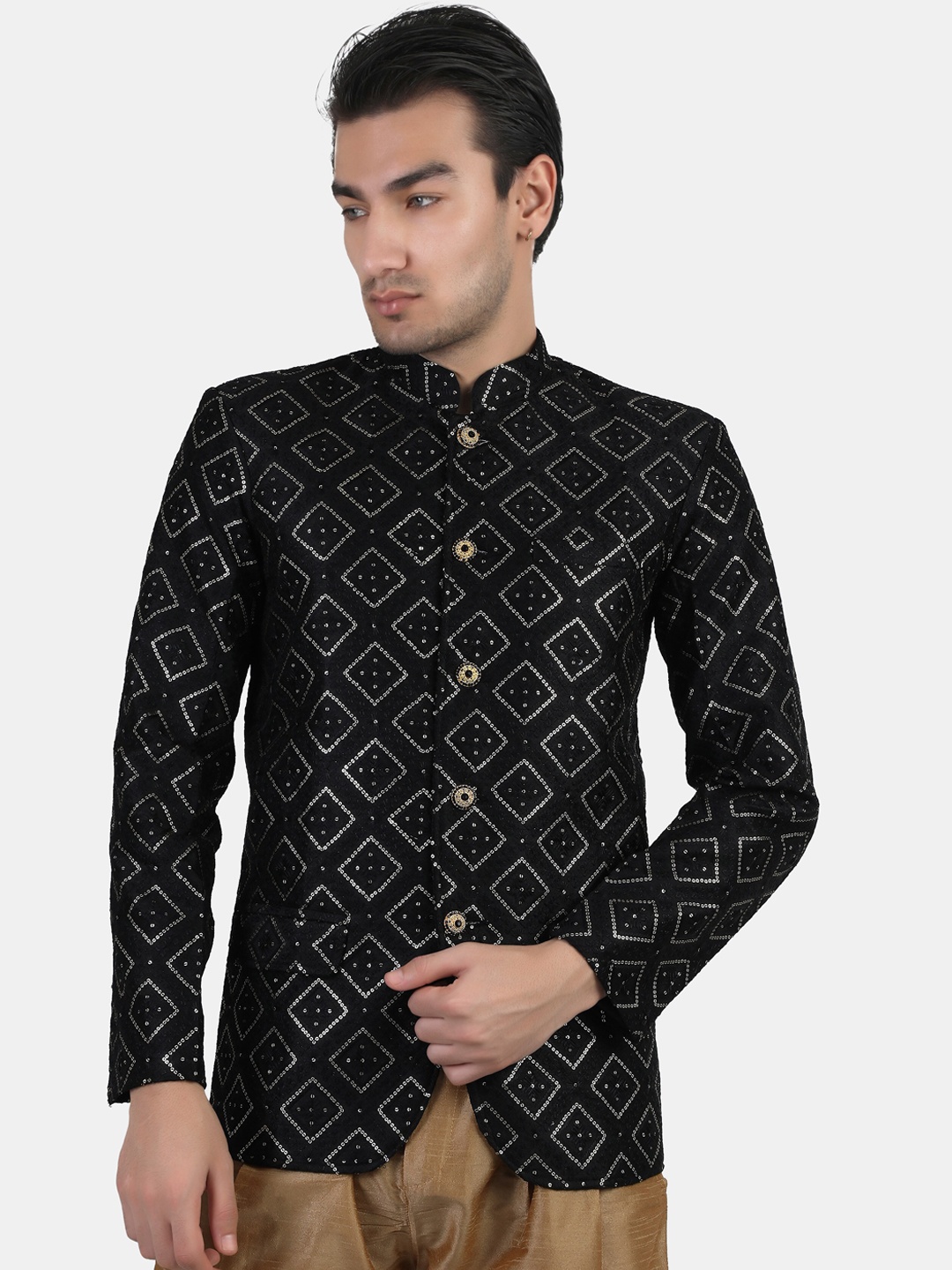 

Avaeta Self Design Embroidered Sequinned Bandhgala Blazers, Black
