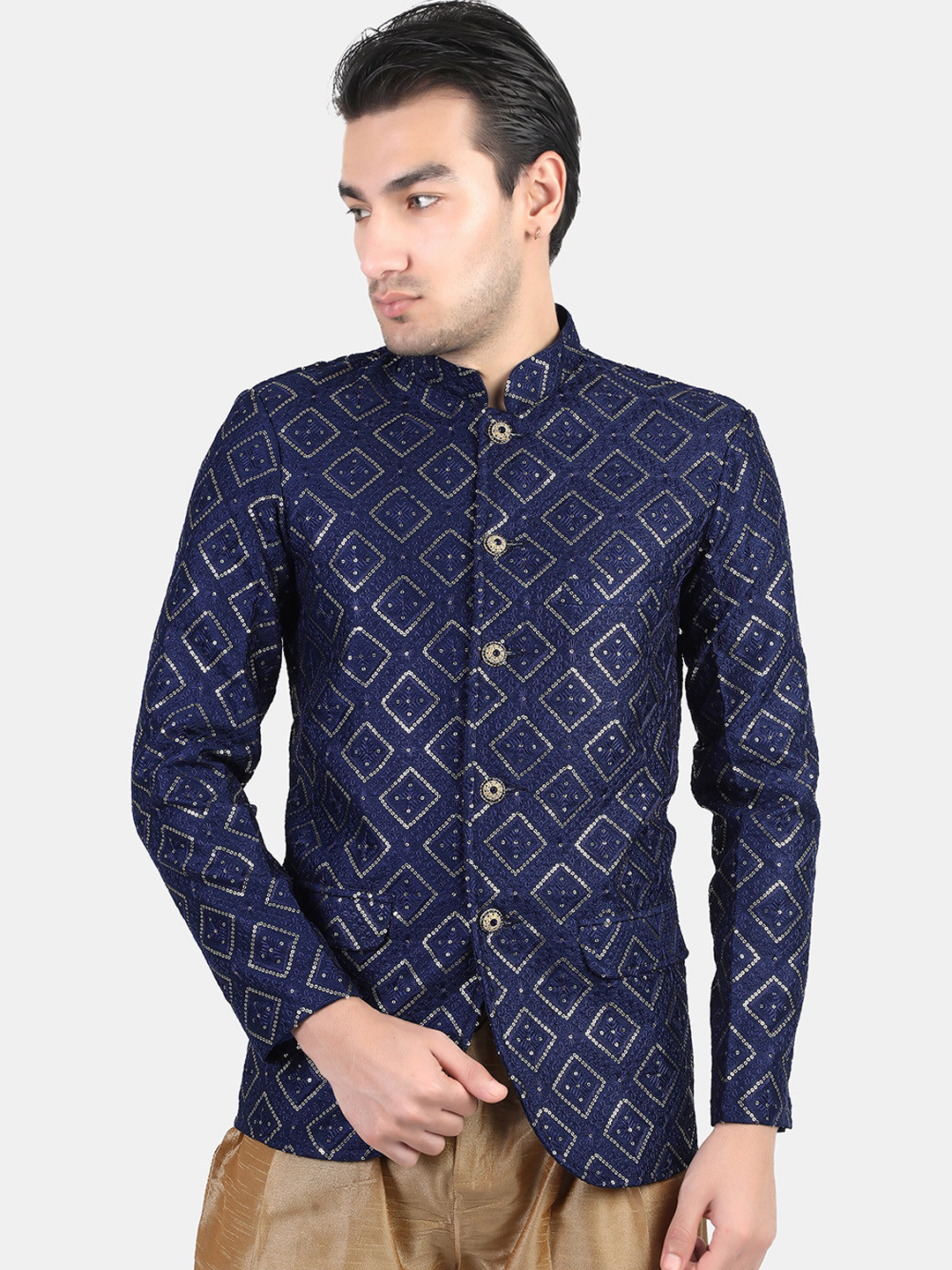 

Avaeta Self Design Embroidered Bandhgala Blazers, Navy blue