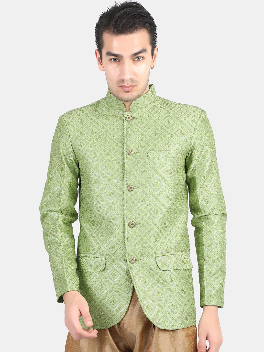 

Avaeta Embroidered Mandarin Collar Silk Bandhgala Blazer, Green