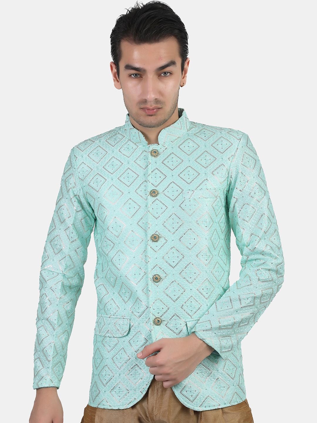 

Avaeta Embroidered Mandarin Collar Silk Bandhgala Blazer, Sea green