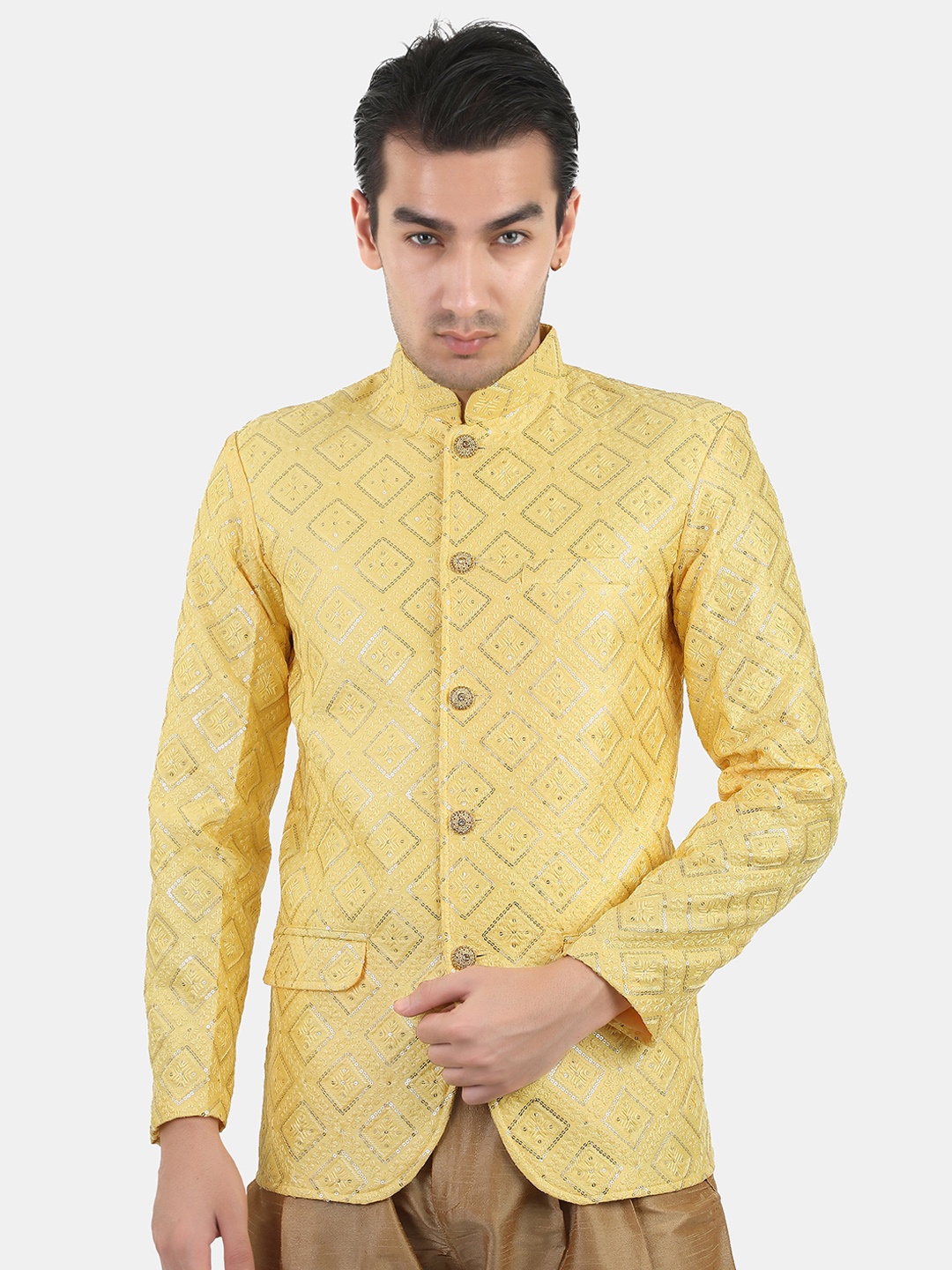 

Avaeta Self Design Embroidered Bandhgala Blazer, Yellow