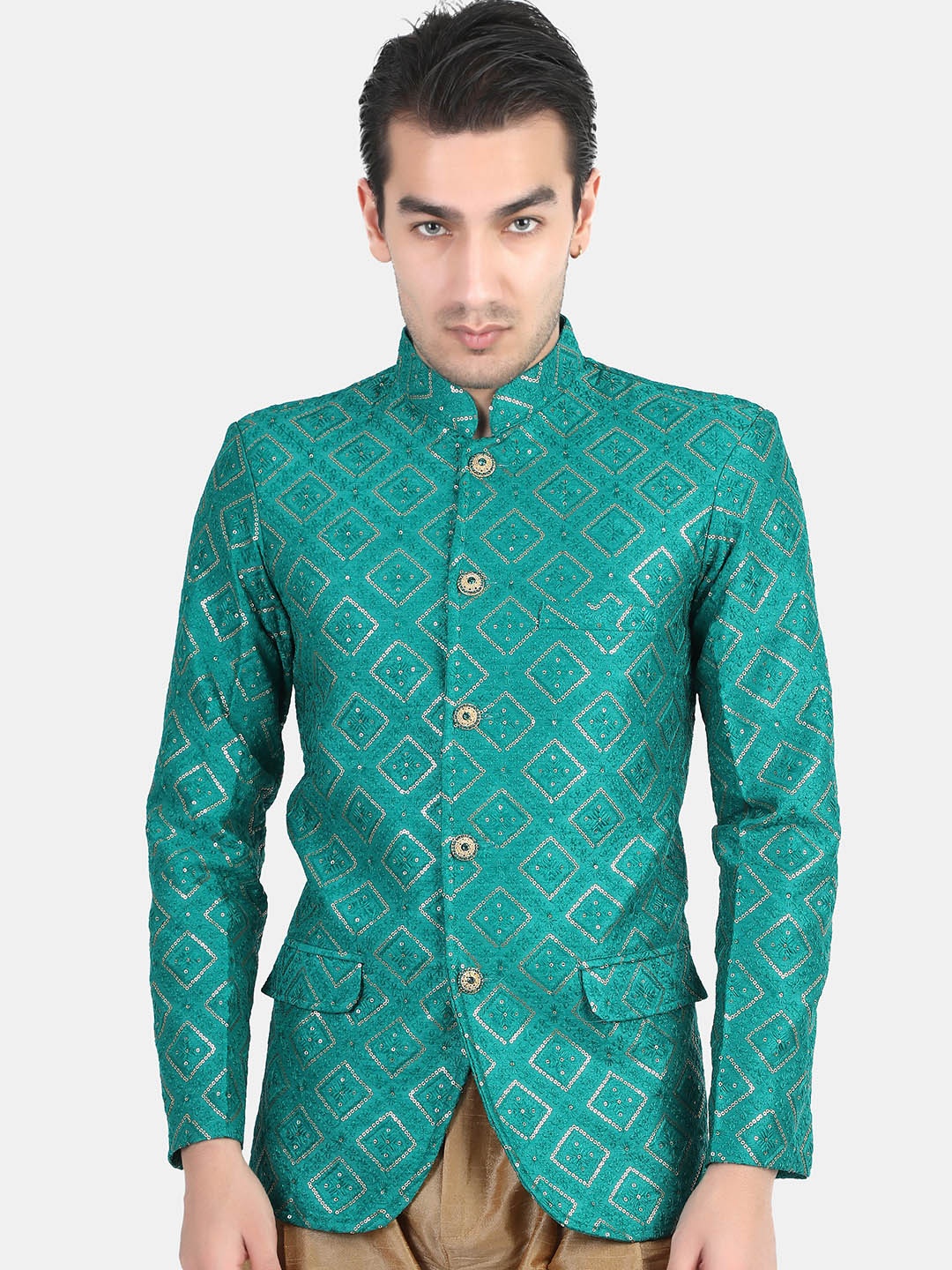 

Avaeta Embroidered Mandarin Collar Silk Bandhgala Blazer, Green