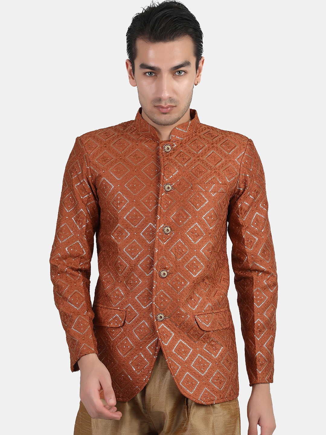 

Avaeta Embroidered Mandarin Collar Silk Bandhgala Blazer, Rust