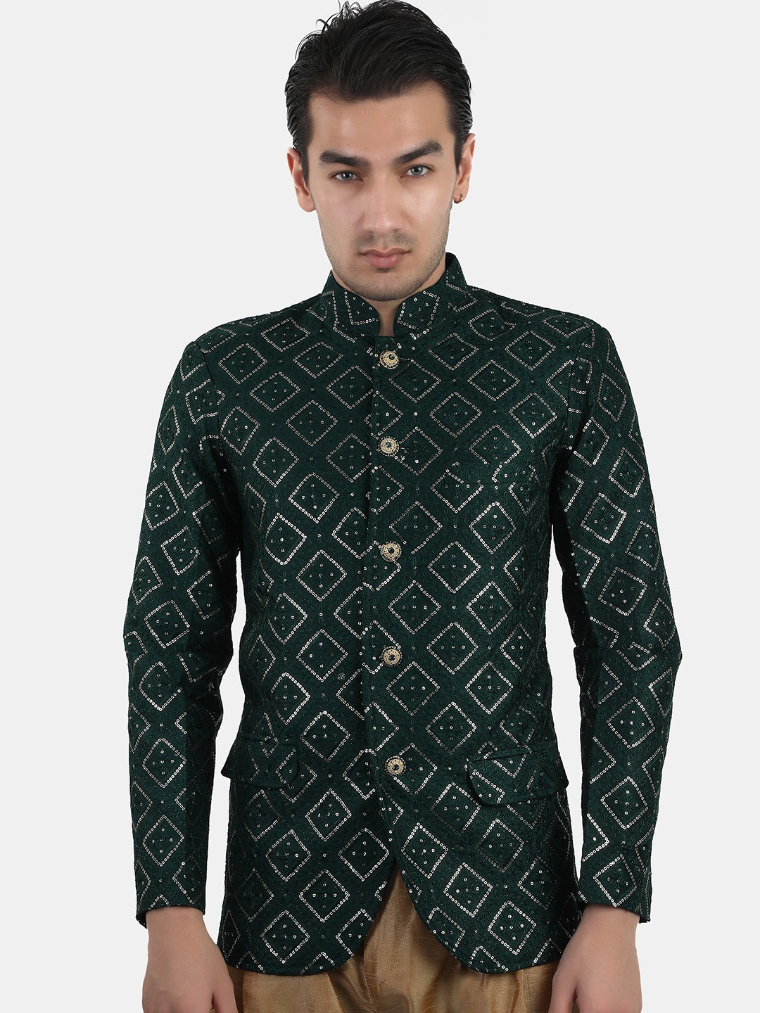 

Avaeta Self-Design Embroidered Bandhgala Blazer, Green