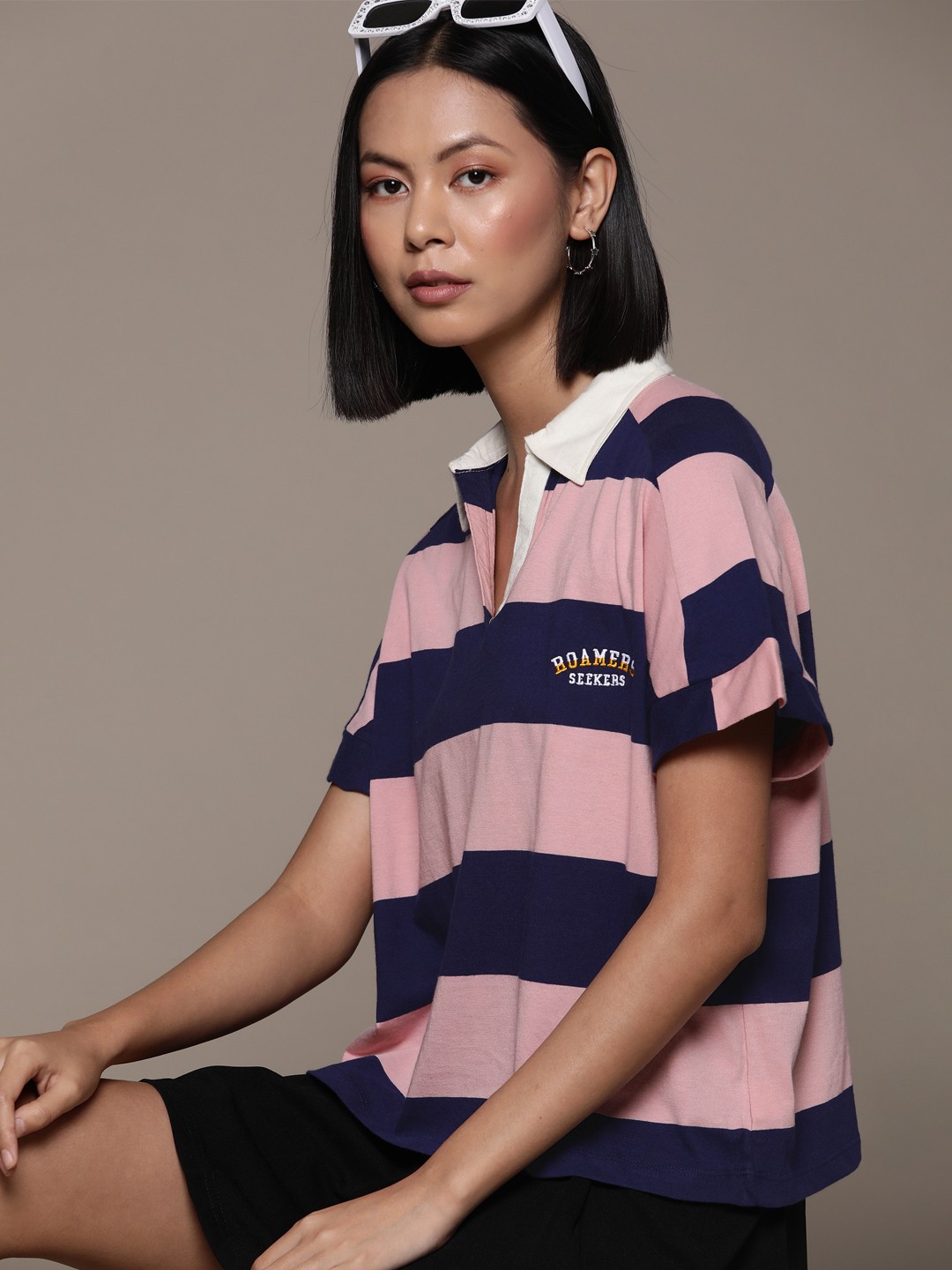 

The Roadster Lifestyle Co. Striped Polo Collar Pure Cotton Boxy T-shirt, Pink