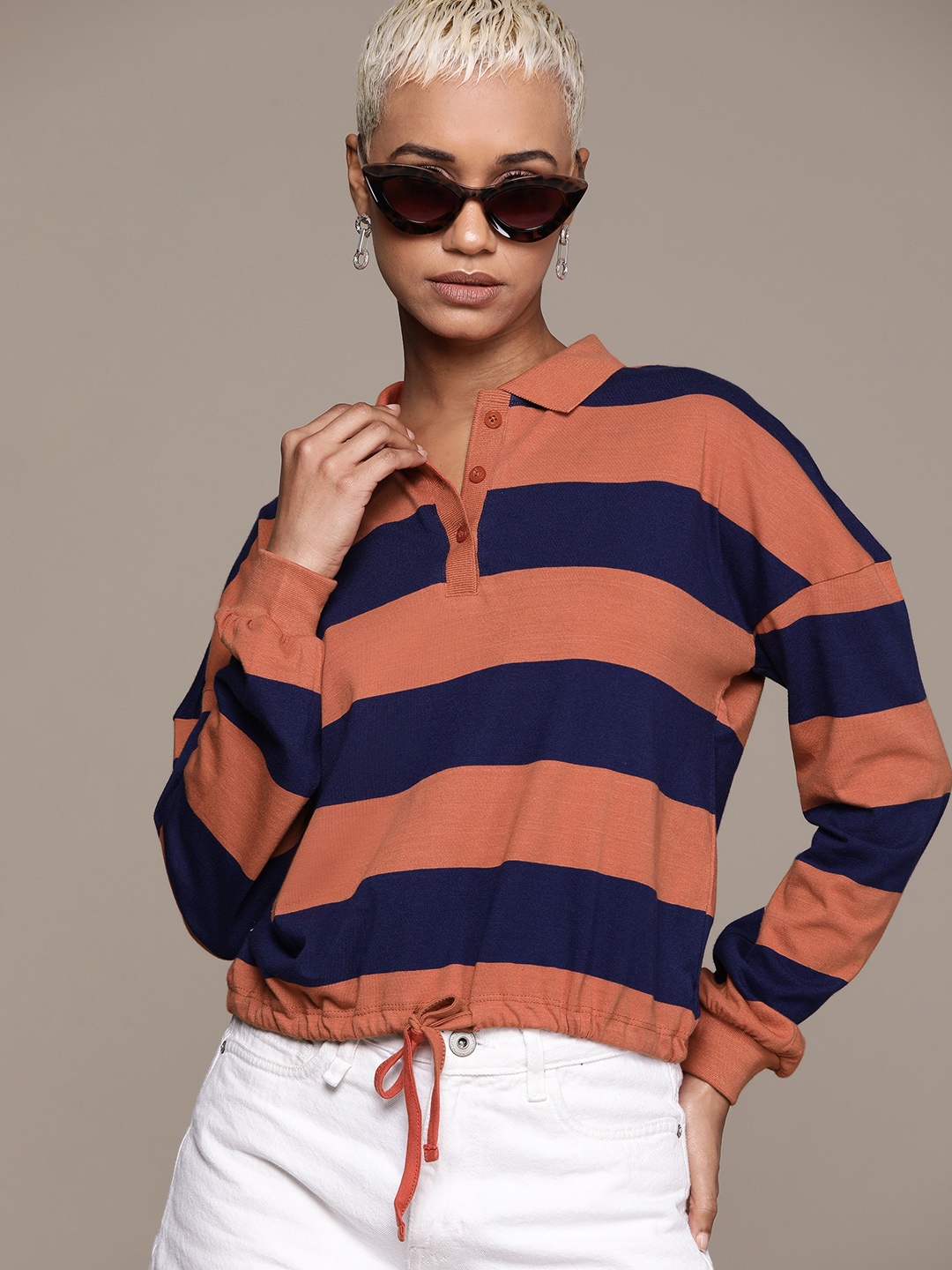 

The Roadster Lifestyle Co. Striped Polo Collar Drop-Shoulder Sleeves Pure Cotton T-shirt, Rust