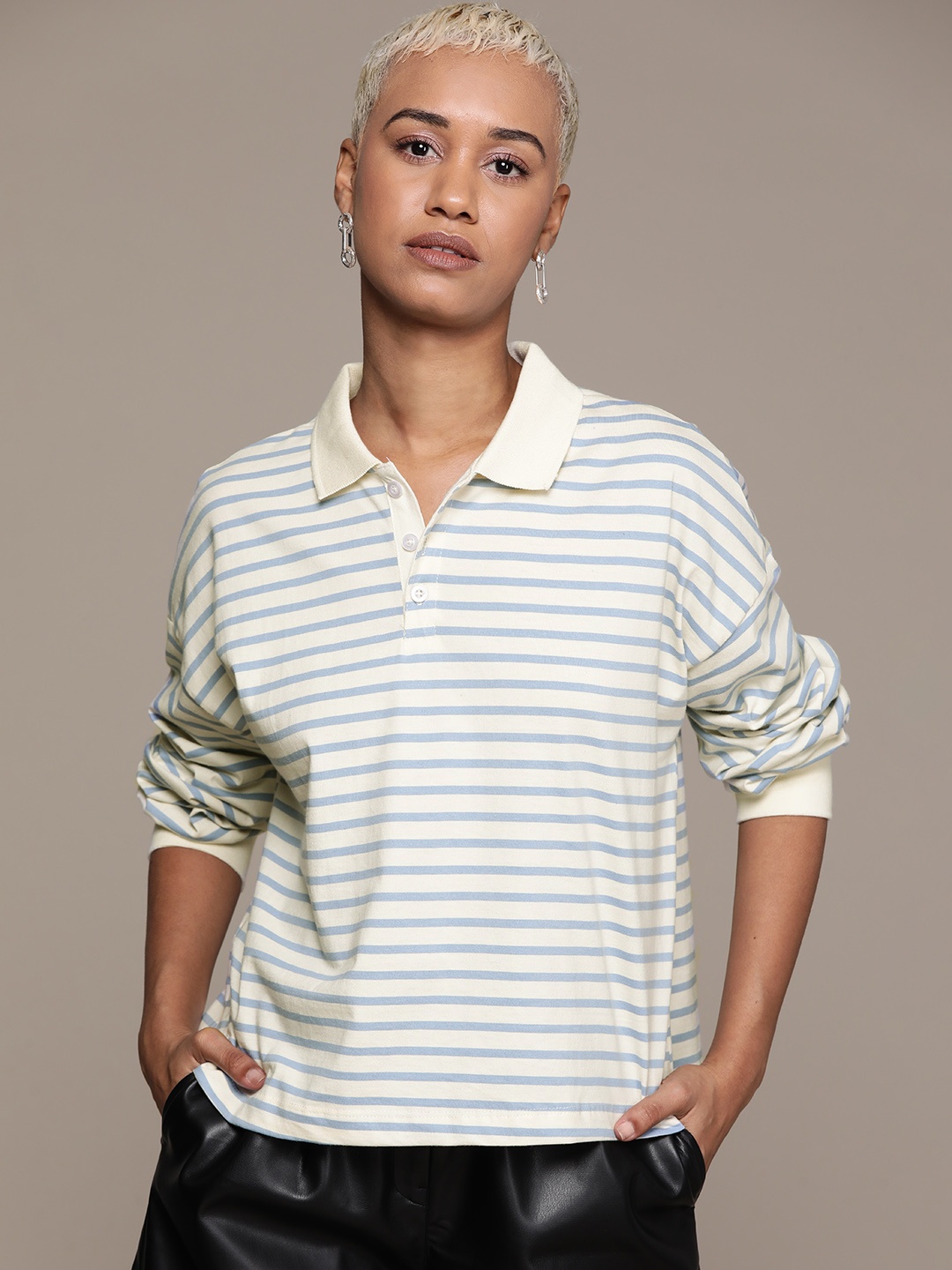 

The Roadster Lifestyle Co. Striped Polo Collar Drop-Shoulder Sleeves Pure Cotton T-shirt, Off white