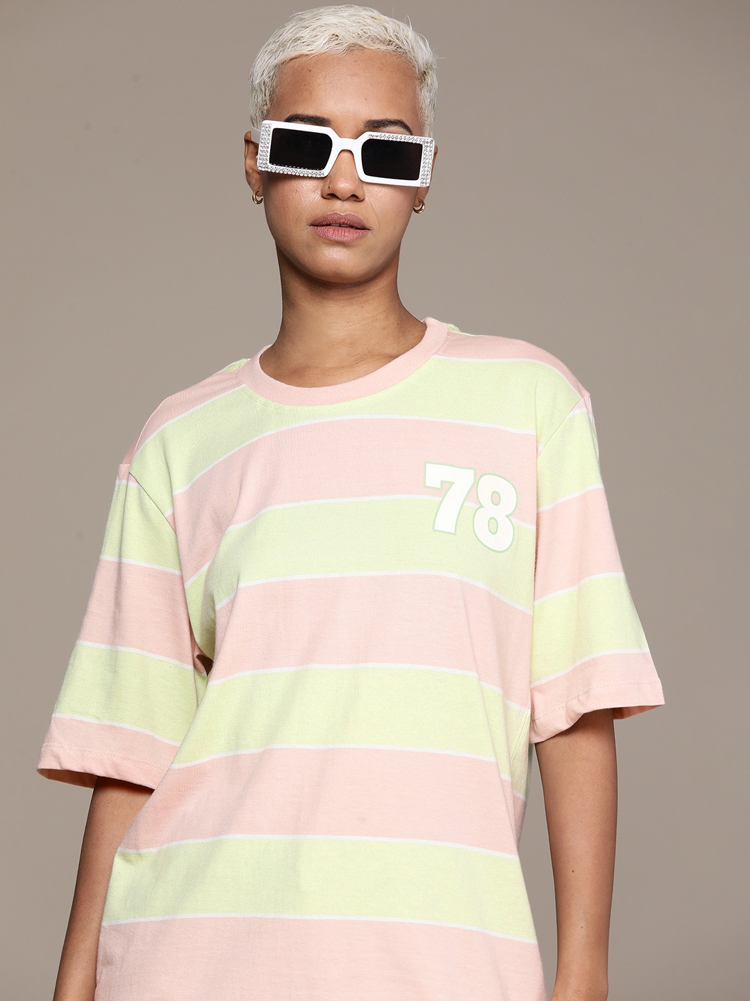 

The Roadster Lifestyle Co. Striped Drop-Shoulder Sleeves Pure Cotton T-shirt, Green