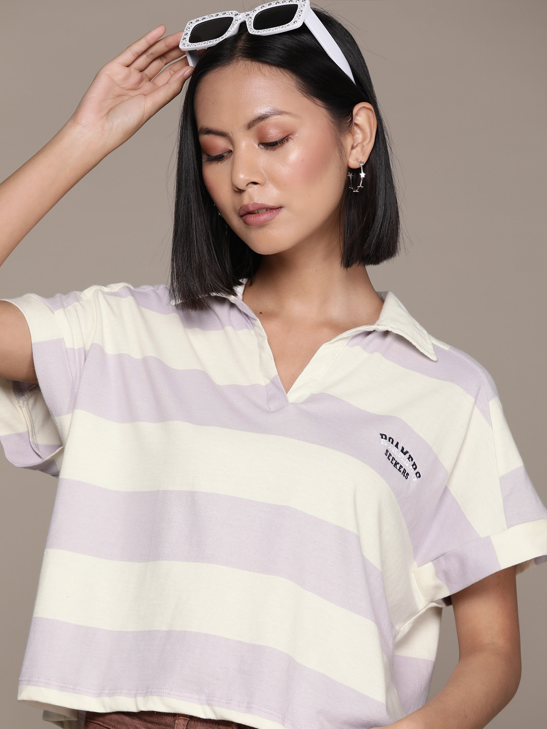 

The Roadster Lifestyle Co. Striped Polo Collar Pure Cotton Boxy T-shirt, Lavender