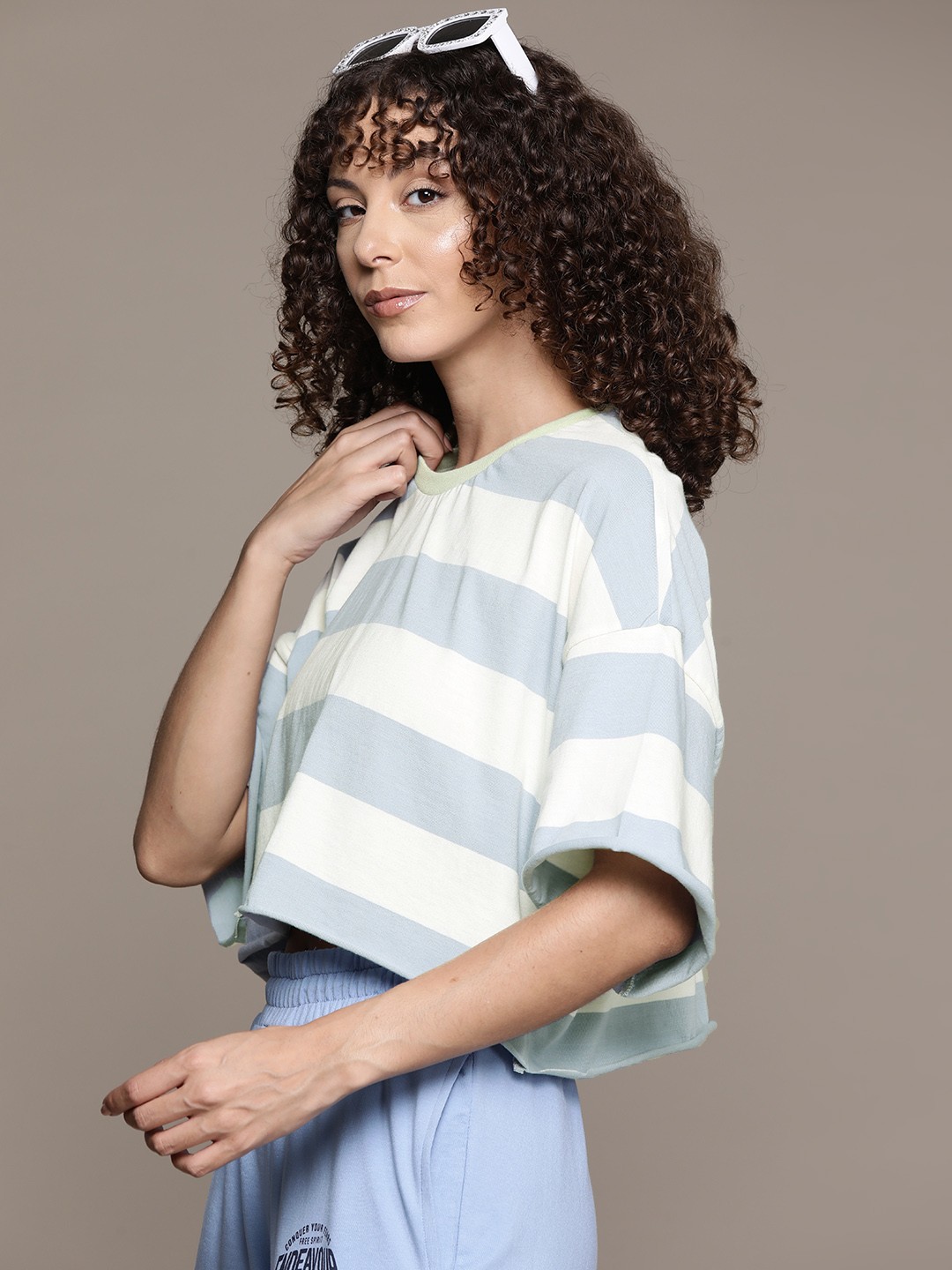 

The Roadster Lifestyle Co. Striped Drop-Shoulder Sleeves Pure Cotton Boxy T-shirt, Blue