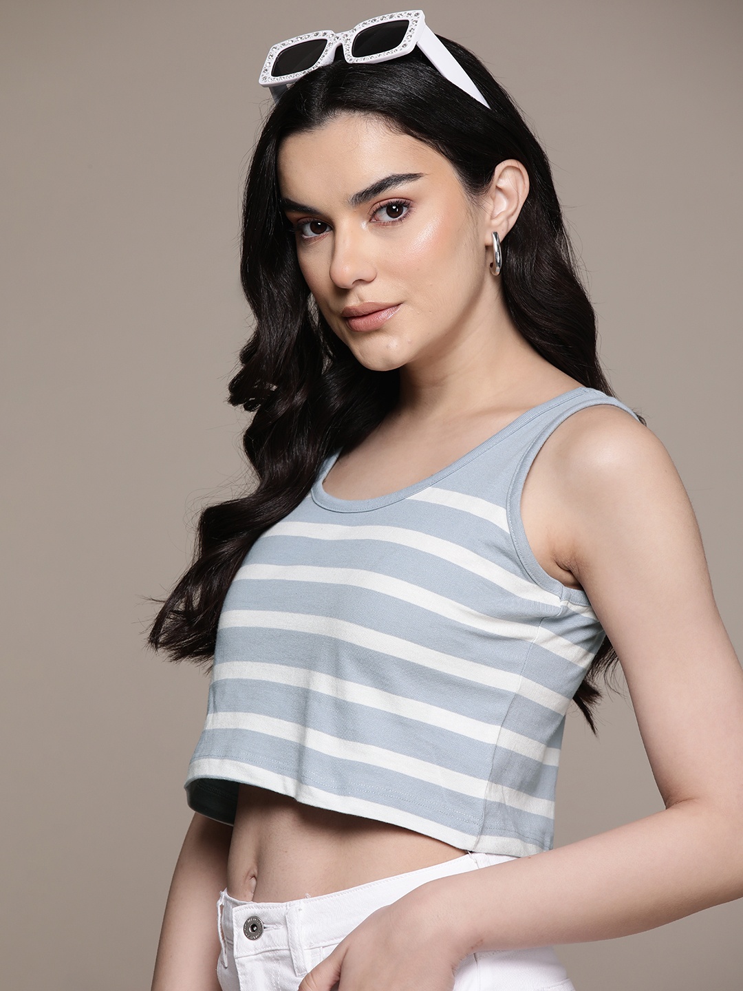 

The Roadster Lifestyle Co. Striped Pure Cotton Boxy Tank T-shirt, Blue