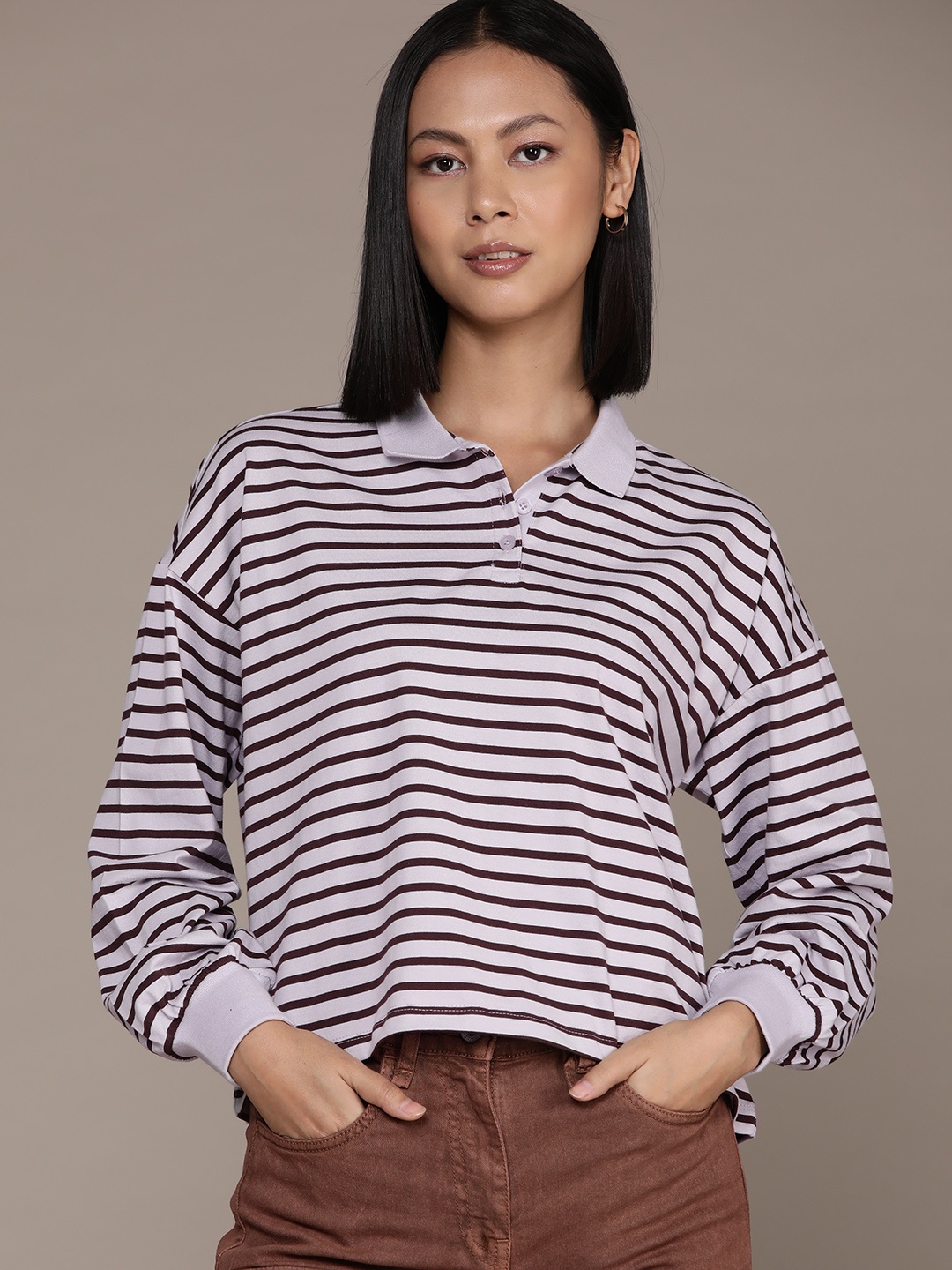 

The Roadster Lifestyle Co. Striped Polo Collar Pure Cotton Boxy T-shirt, Lavender