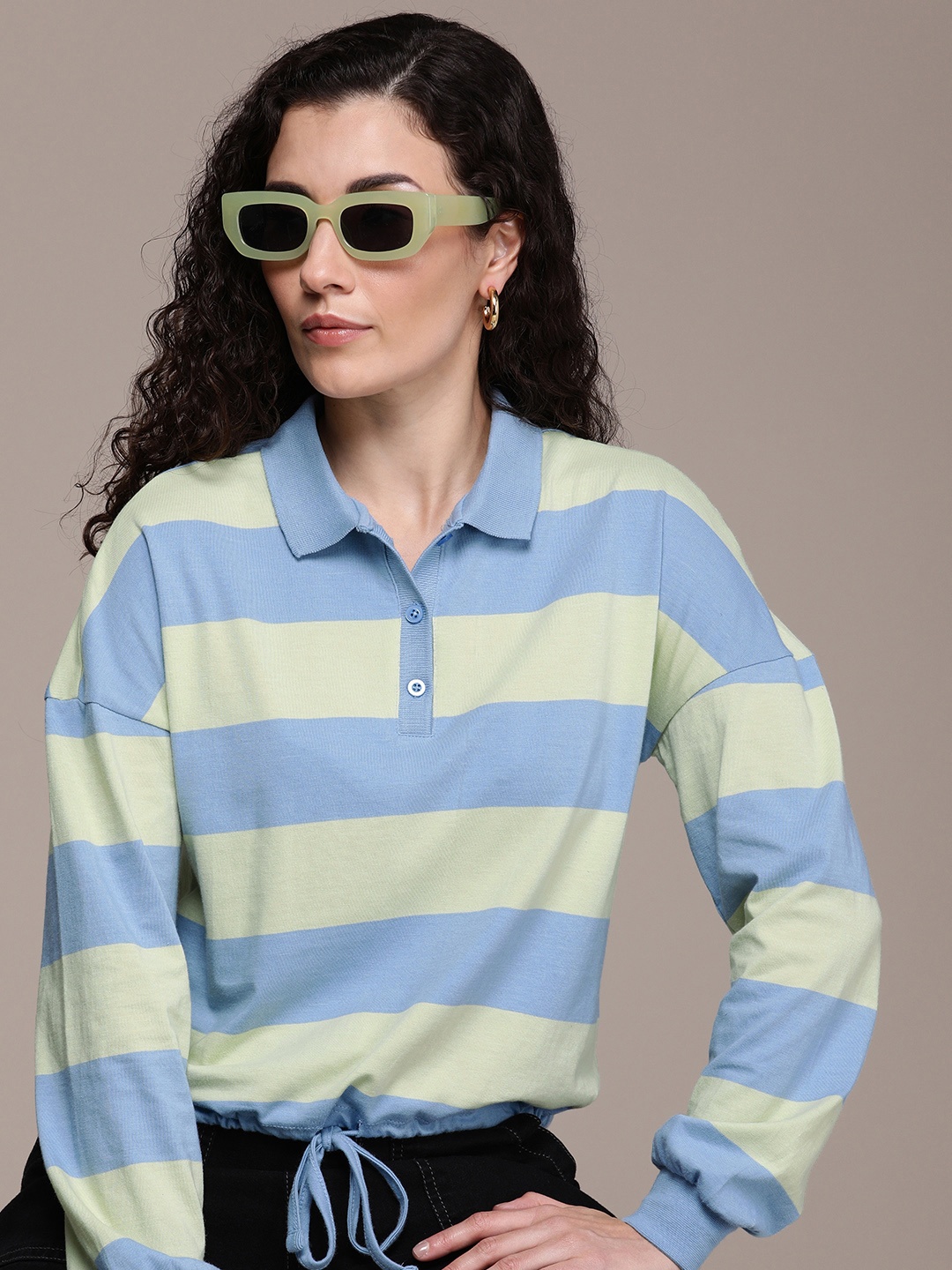 

The Roadster Life Co. Striped Polo Collar Drop-Shoulder Pure Cotton T-shirt, Blue