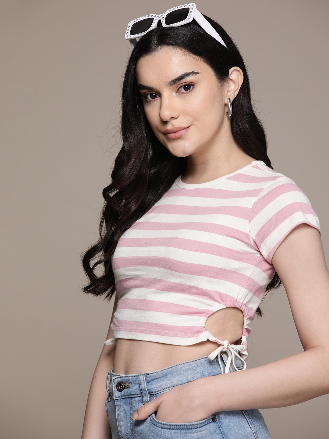 

The Roadster Lifestyle Co. Striped Pure Cotton Cut-Out Detail Bodycon T-shirt, Pink