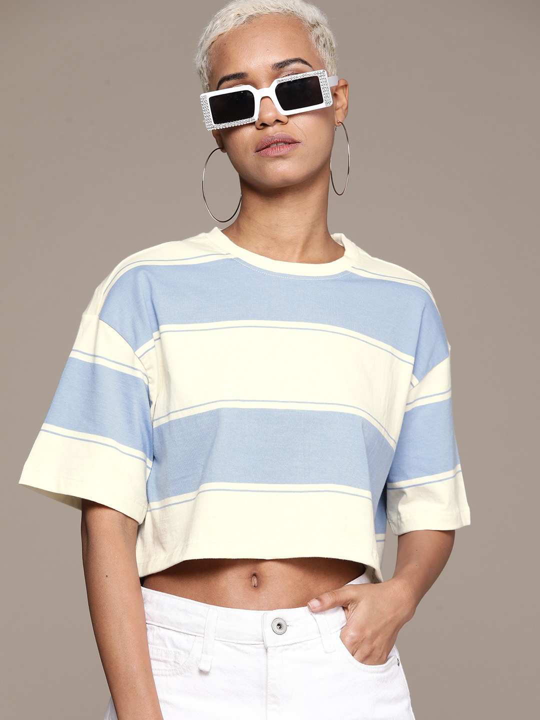 

The Roadster Lifestyle Co. Striped Drop-Shoulder Sleeves Pure Cotton Cropped Boxy T-shirt, Off white