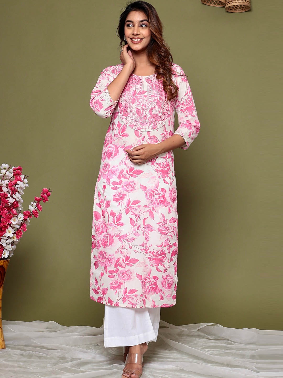 

PINKVILLE JAIPUR Floral Embroidered Mirror Work Pure Cotton Kurta With Palazzos, Pink