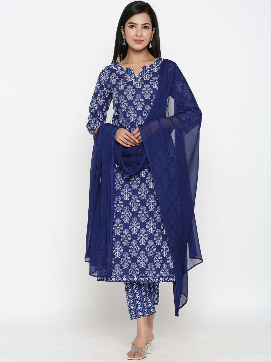 

PINKVILLE JAIPUR Ethnic Motifs Printed Pure Cotton Kurta With Trousers & Dupatta, Blue