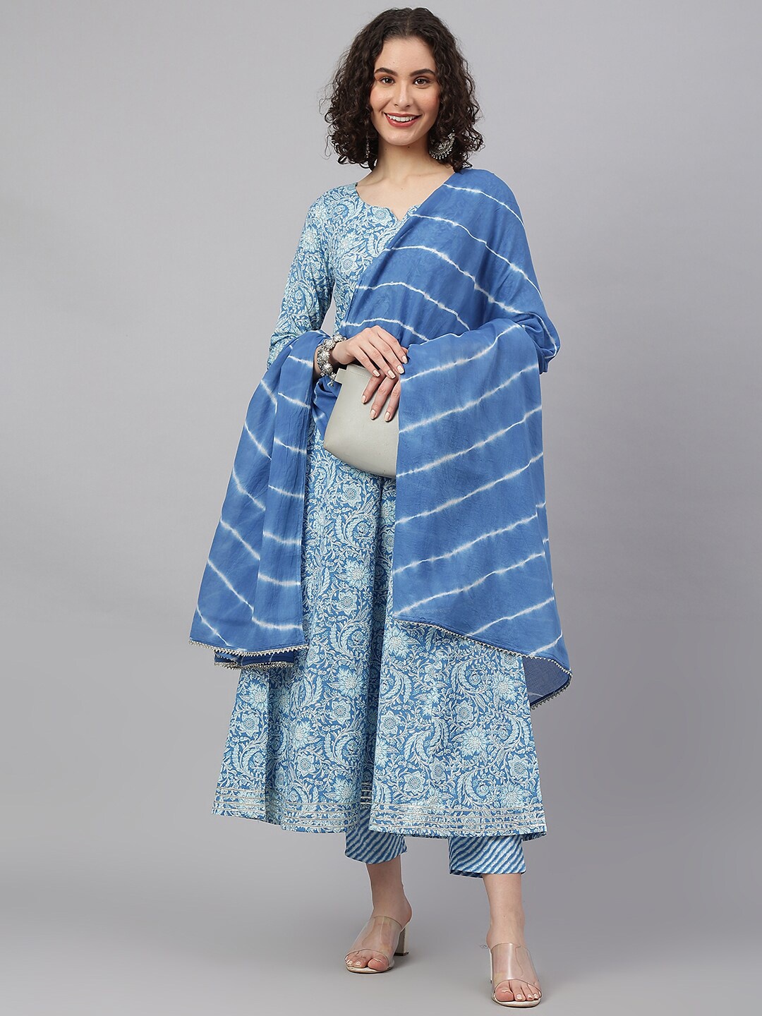 

SAABHI Floral Printed Gotta Patti Pure Cotton Kurta With Trousers & Dupatta, Blue