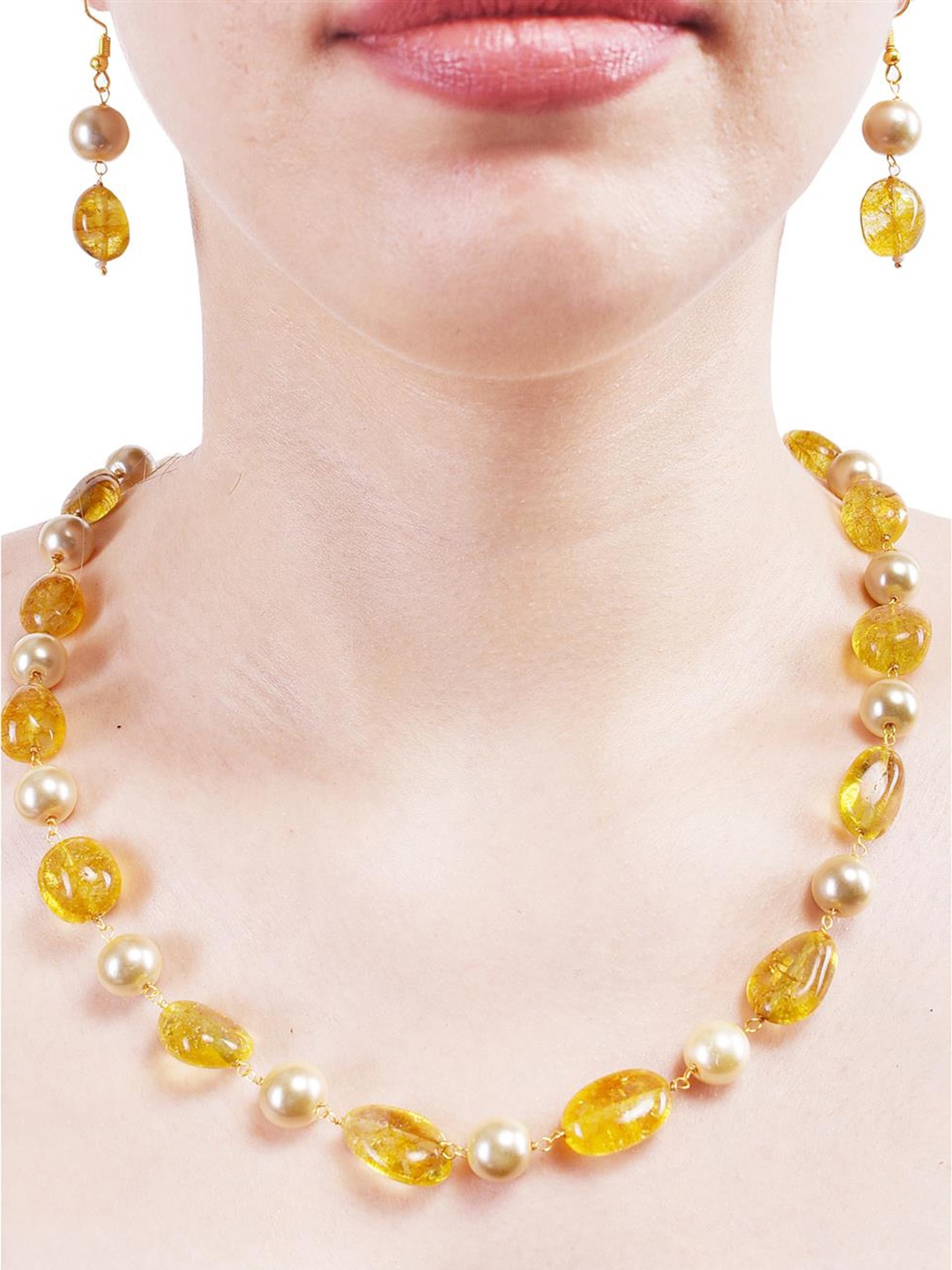 

RATNAVALI JEWELS Gold-Plated Quartz & Pearls Beaded Brass Jewellery Set