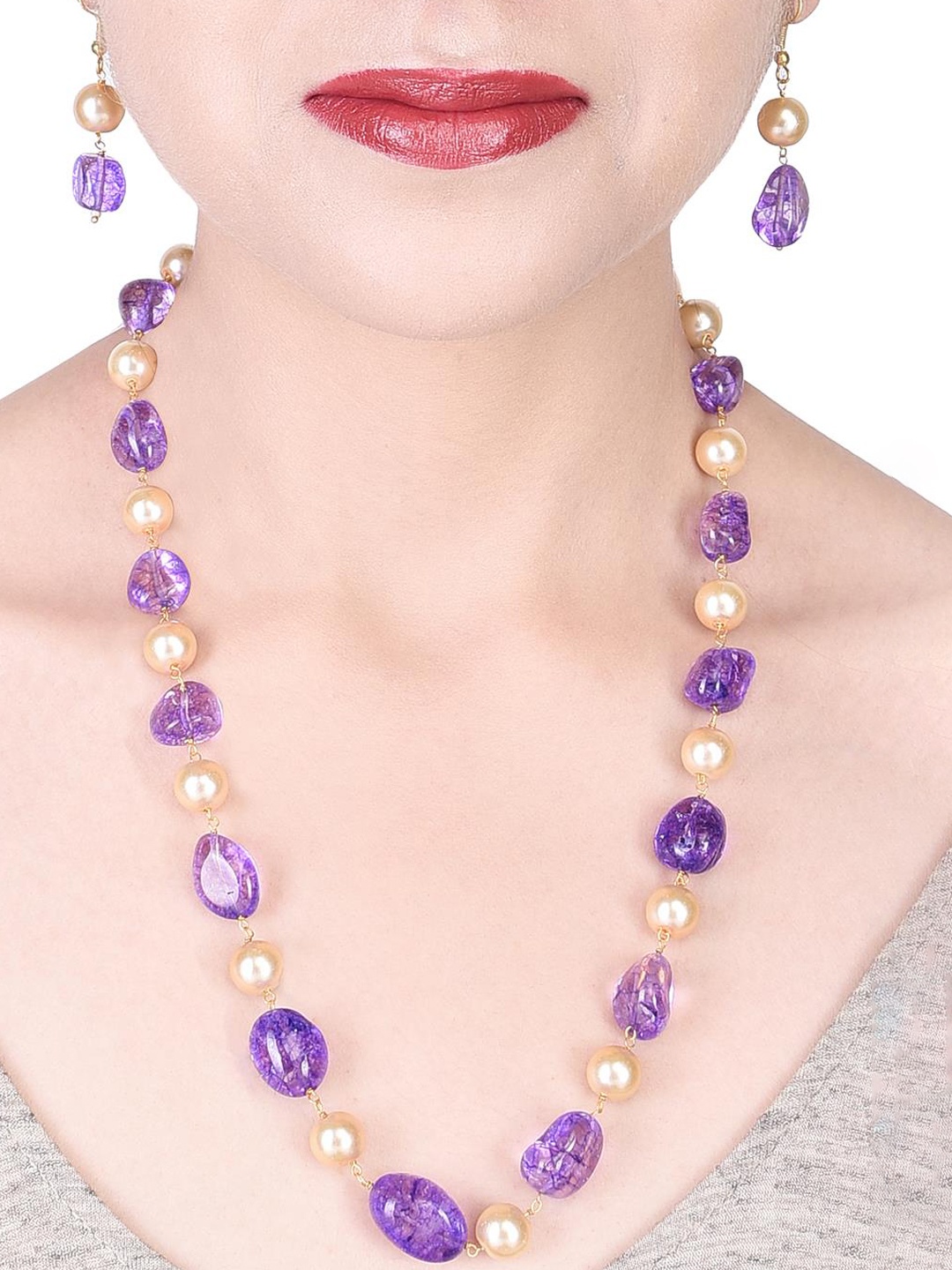 

RATNAVALI JEWELS Gold-Plated Quartz & Pearl Beaded Brass Jewellery Set