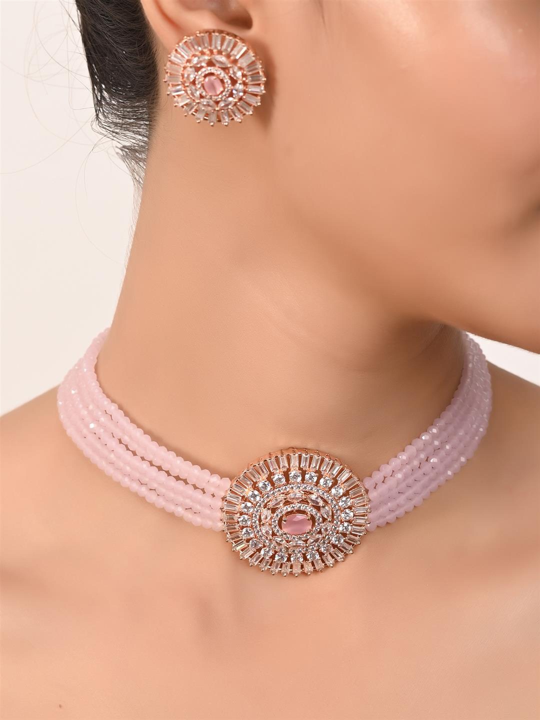 

RATNAVALI JEWELS Rose Gold Plated & AD Studded Jewellery Set