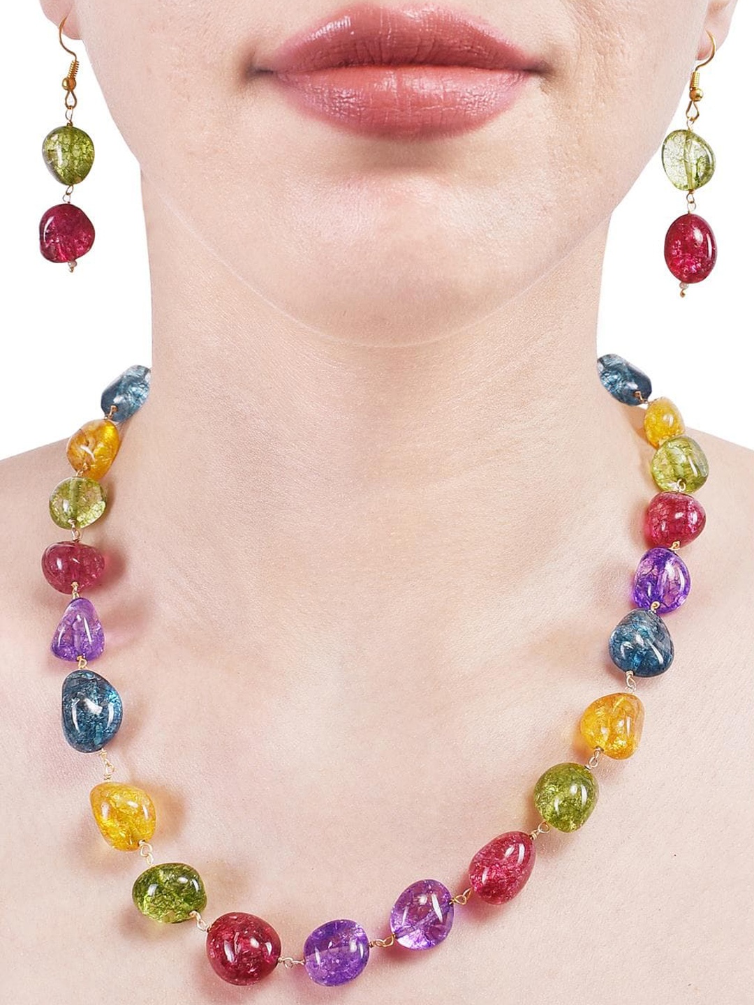 

RATNAVALI JEWELS Gold-Plated Quartz Beaded Brass Jewellery Set