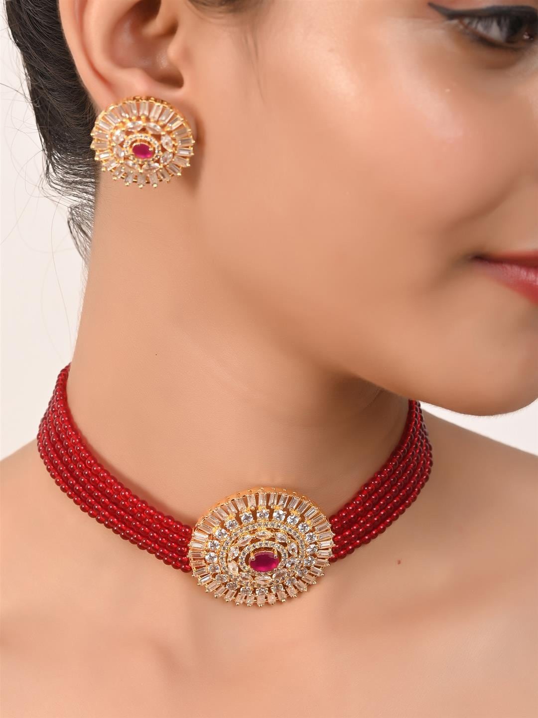 

RATNAVALI JEWELS Gold-Plated AD-Studded Jewellery Set