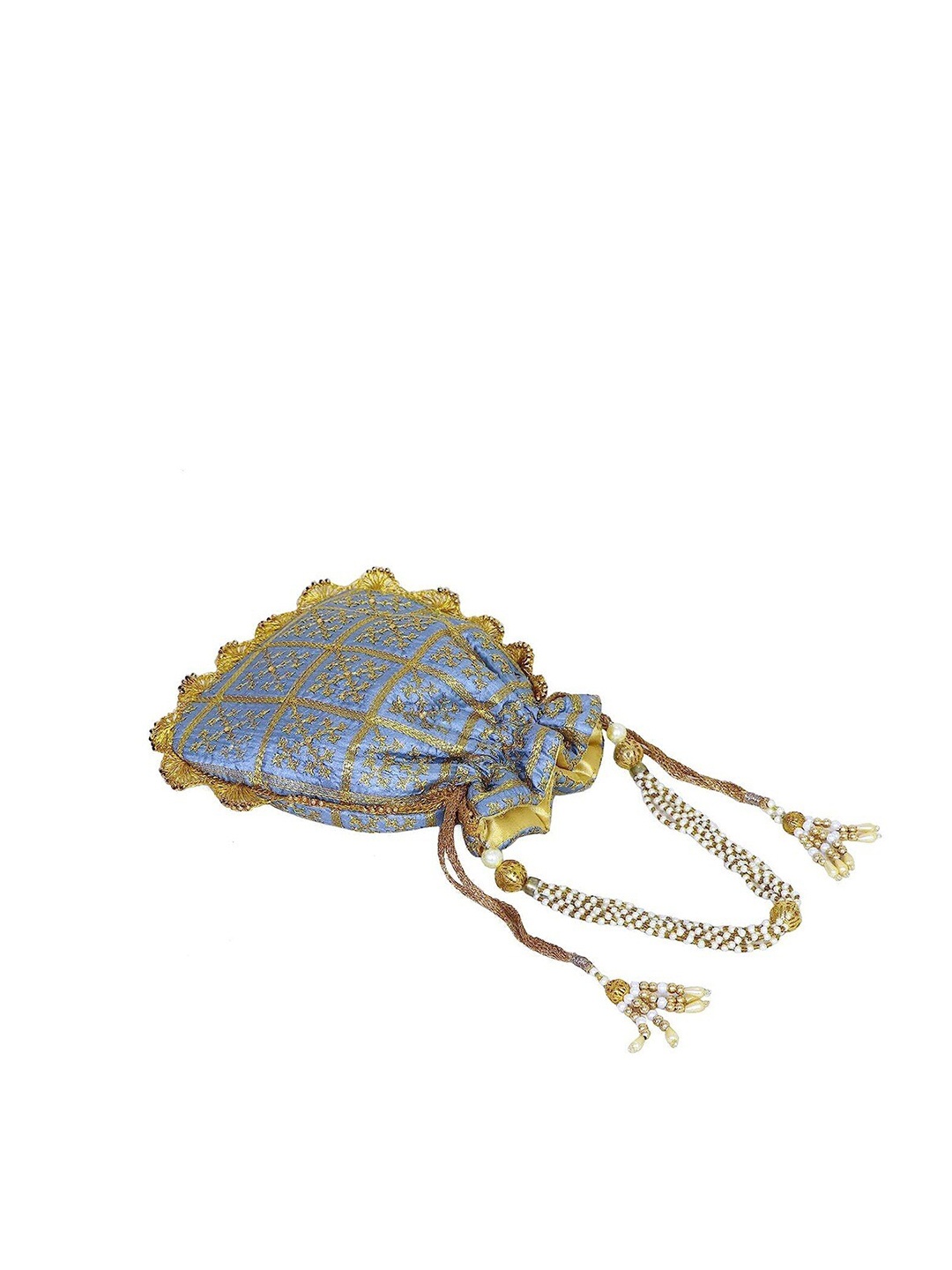 

FRINGES Embroidered Potli Clutch, Grey