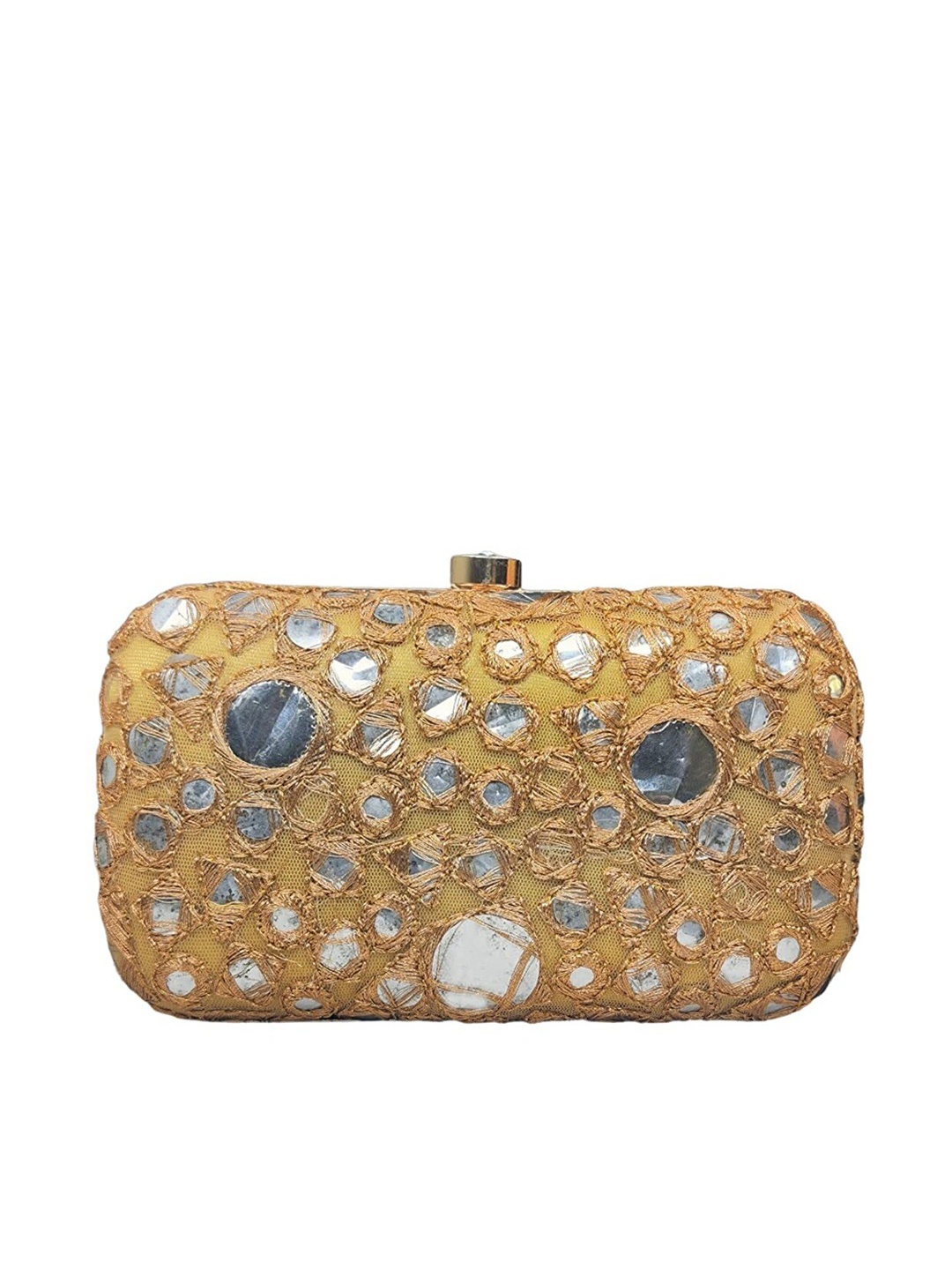 

FRINGES Embroidered Embellished Box Clutch, Gold