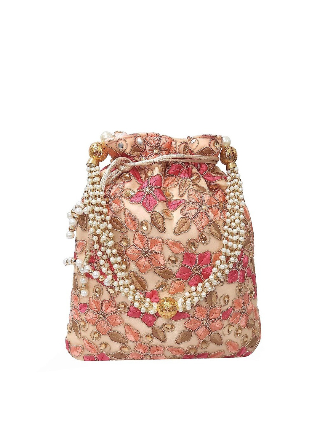 

FRINGES Embroidered Potli Clutch, Peach