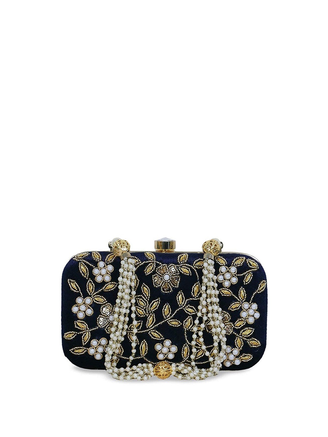 

FRINGES Embroidered Box Clutch, Navy blue