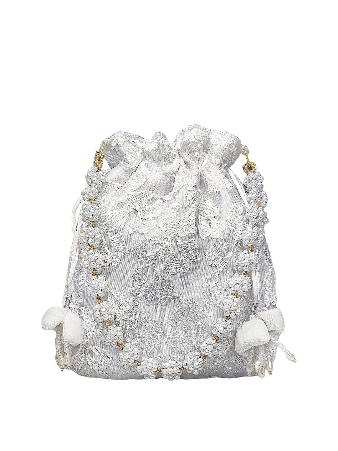 

FRINGES Embroidered Potli Clutch, White