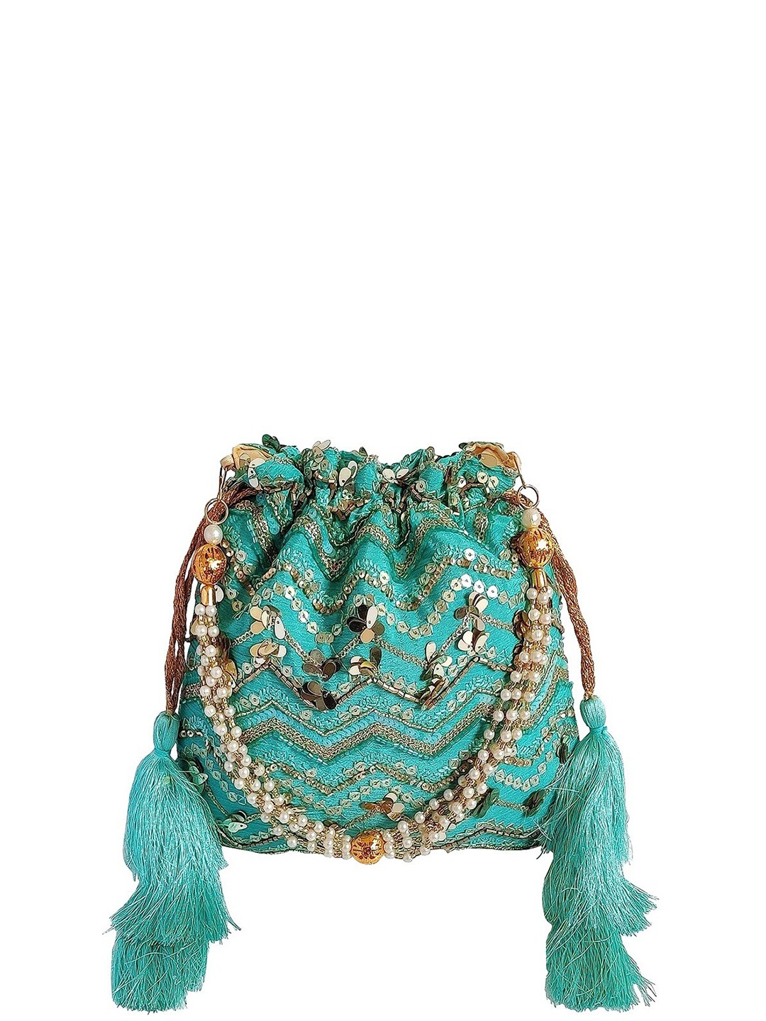 

FRINGES Sequinned Embellished Tasselled Potli Clutch, Blue