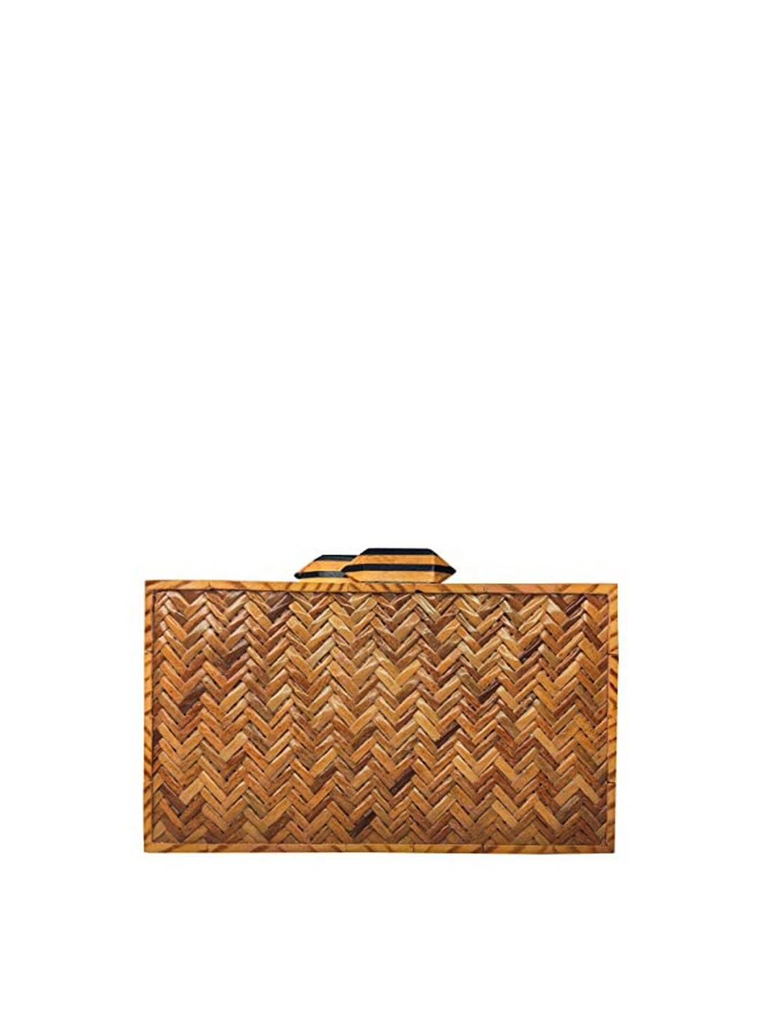 

FRINGES Wooden Woven Textured Purse Clutch, Brown