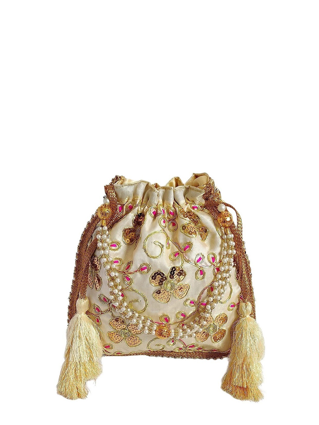 

FRINGES Embellished Potli Clutch, Gold