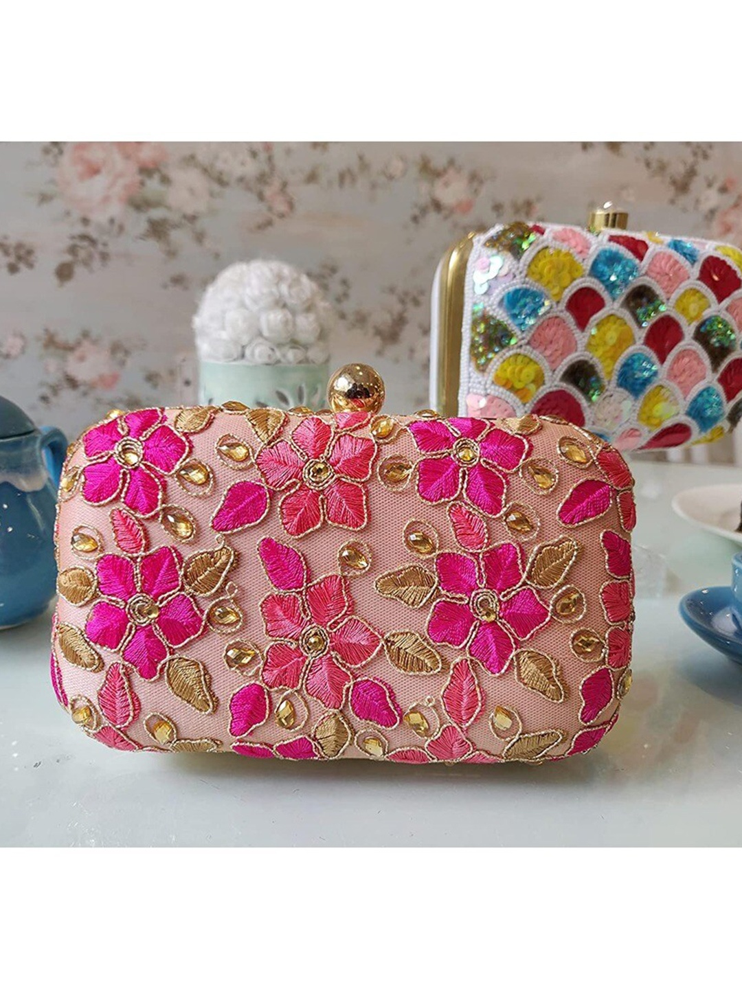 

FRINGES Floral Embroidered Box Clutch, Pink