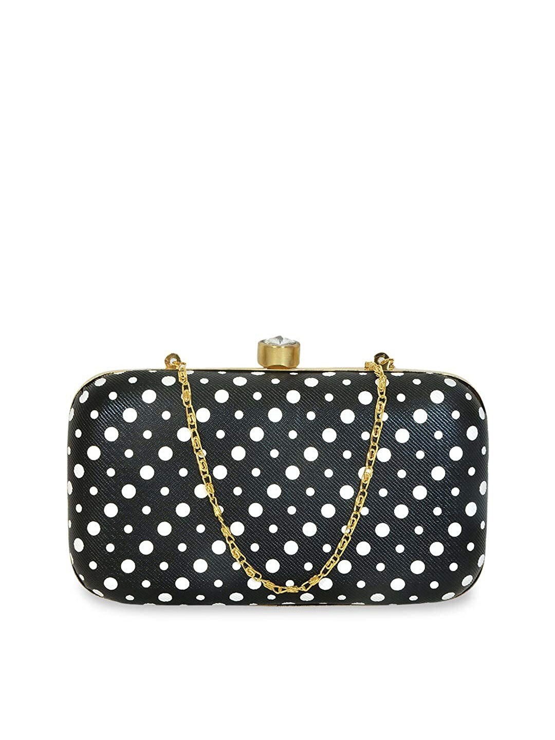 

FRINGES Polka Dots Printed Box Clutch, Black