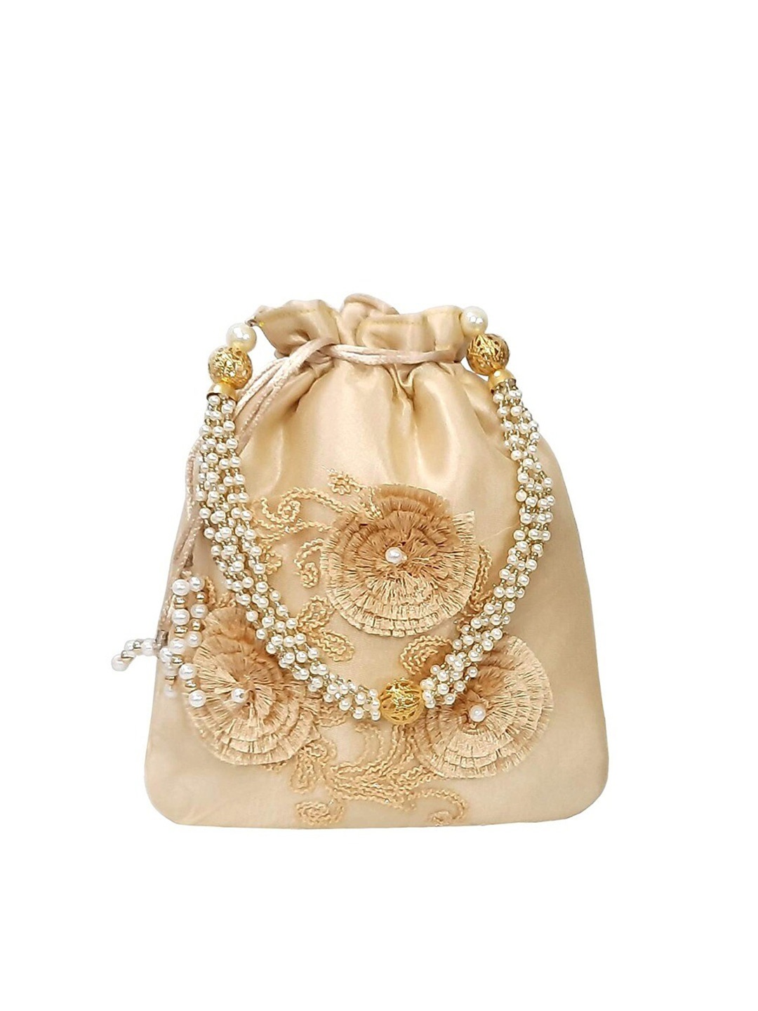

FRINGES Embroidered Potli Clutch, Beige