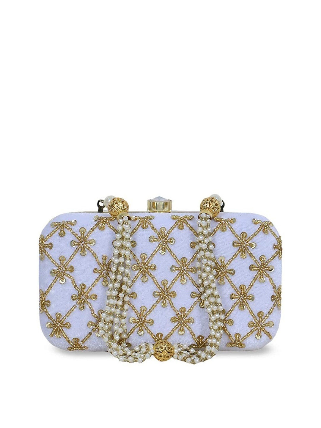 

FRINGES Embellished Box Clutch, White