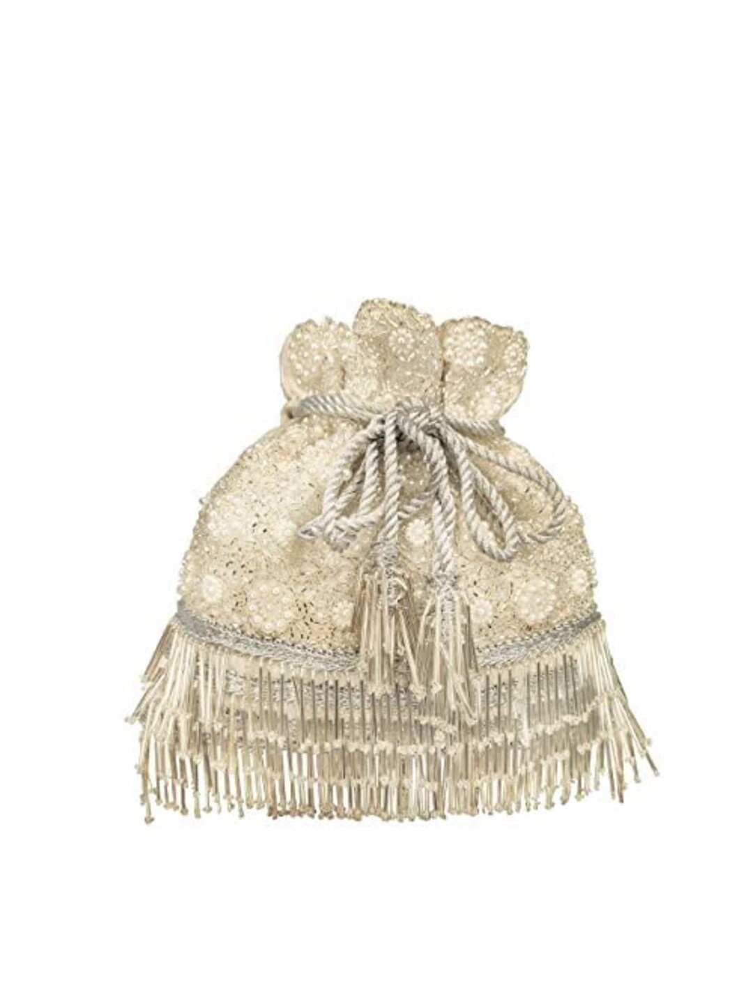 

FRINGES Embellished Potli Clutch, Silver