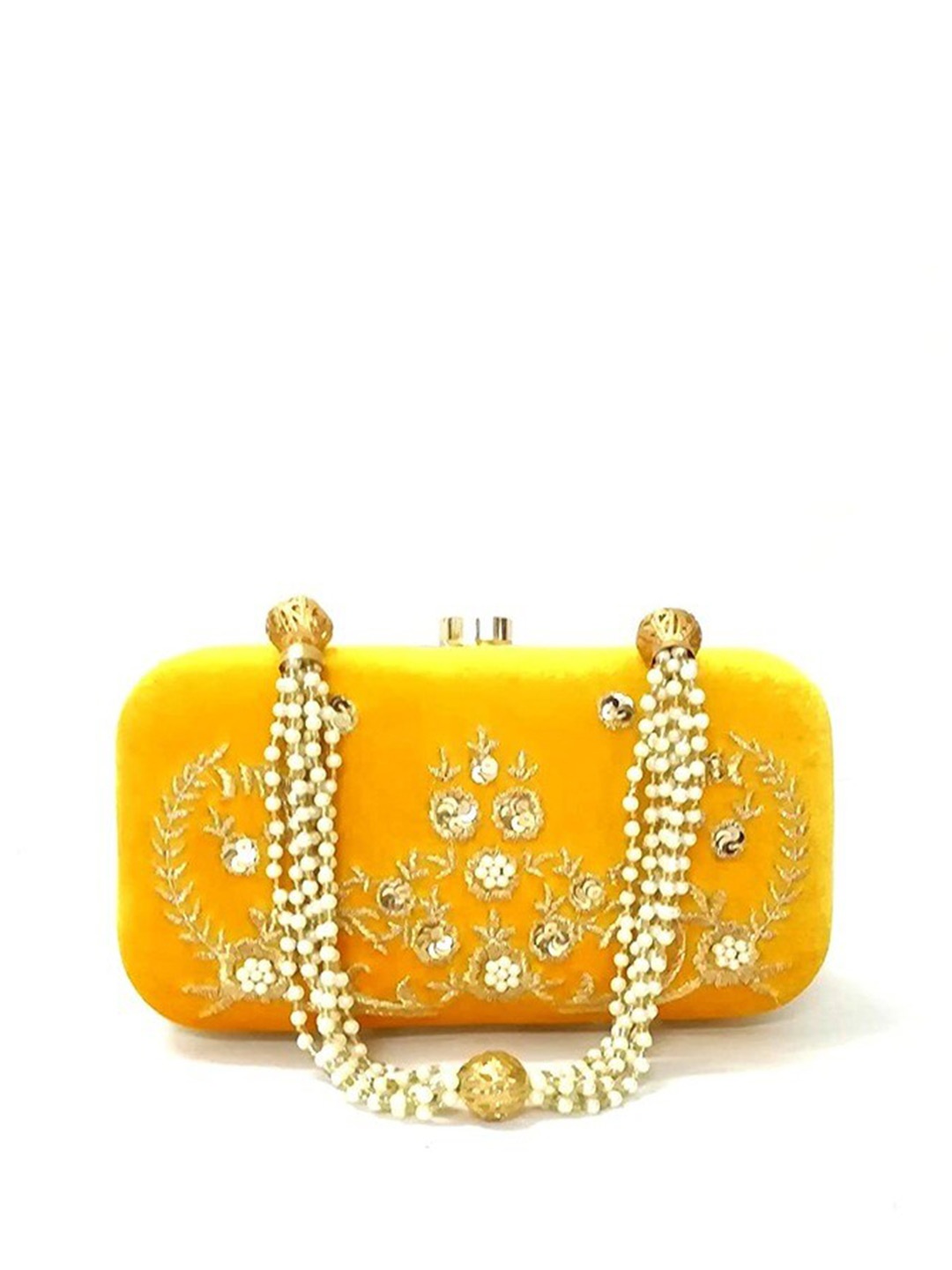 

FRINGES Embroidered Box Clutch, Yellow