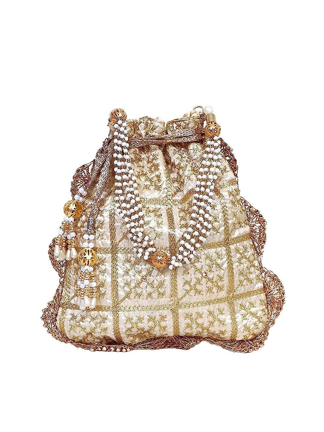 

FRINGES Embroidered Potli Clutch, Beige