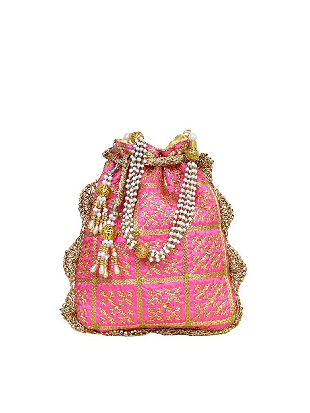 

FRINGES Embroidered Potli Clutch, Pink