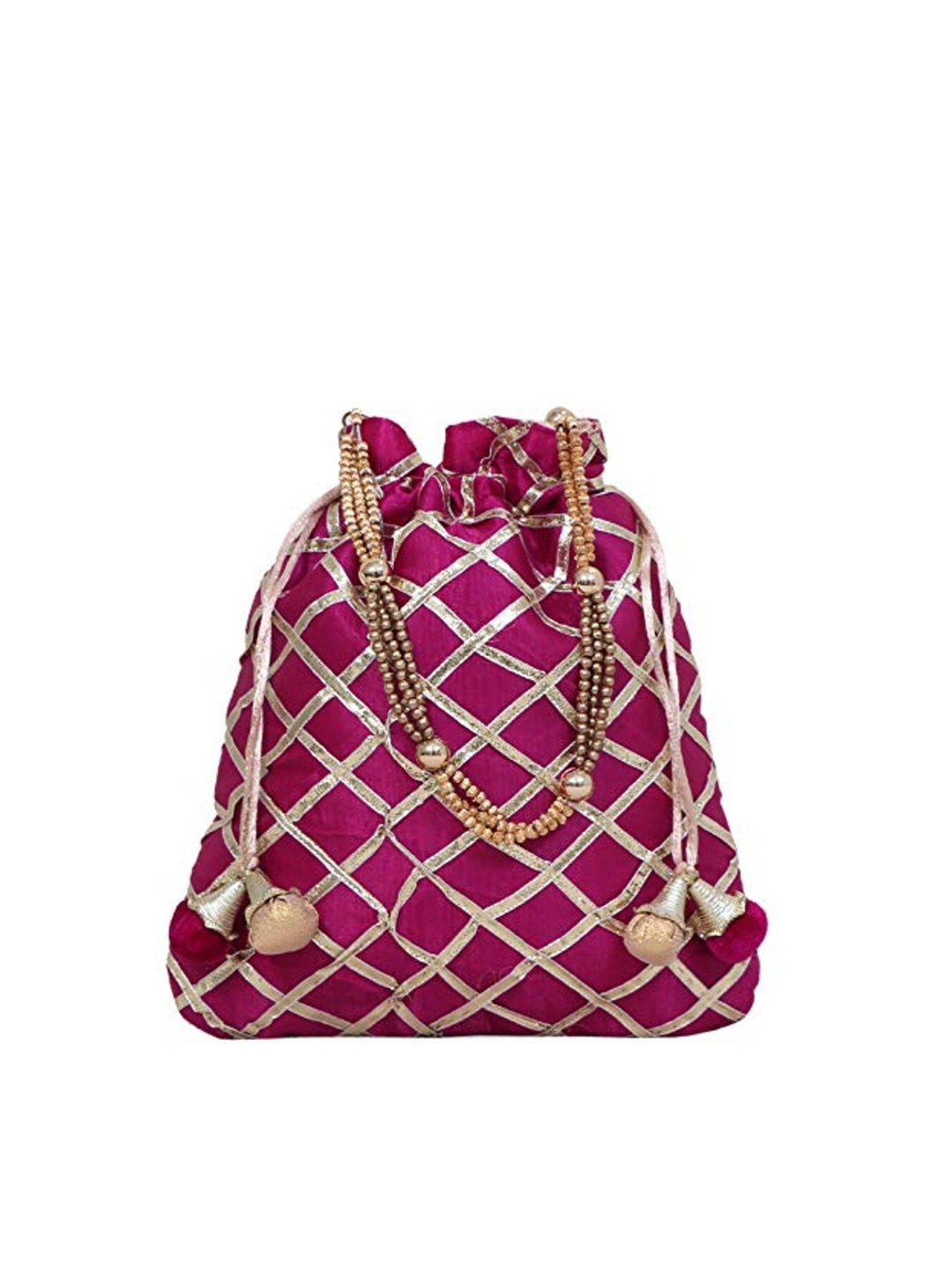 

FRINGES Checked Potli Clutch, Magenta