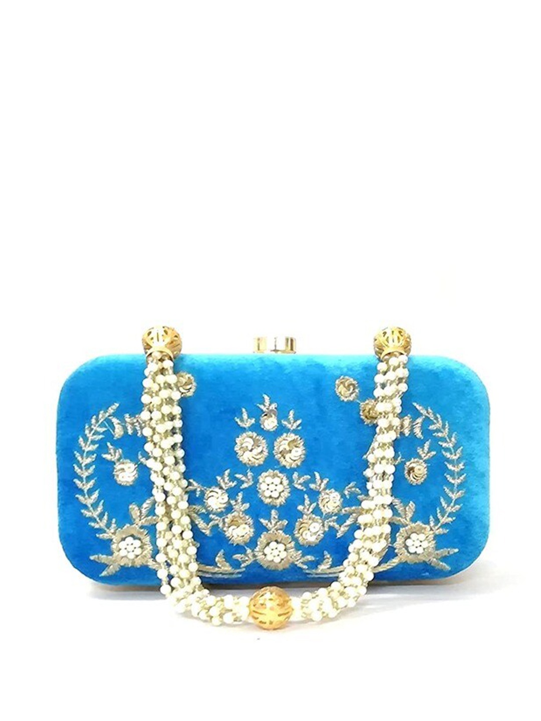 

FRINGES Embroidered Box Clutch, Turquoise blue