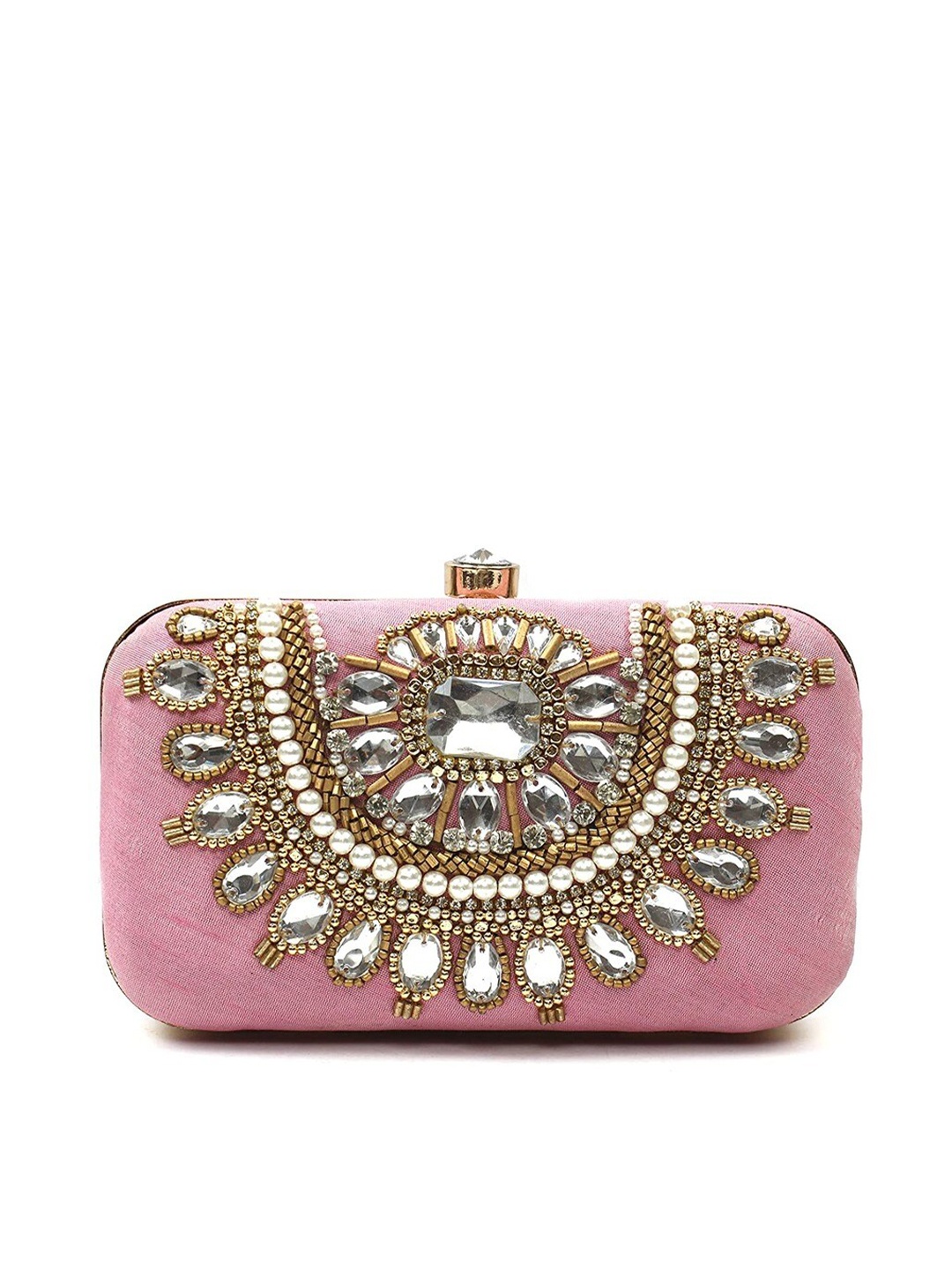 

FRINGES Embroidered Stone Work Box Clutch With Shoulder Strap, Pink
