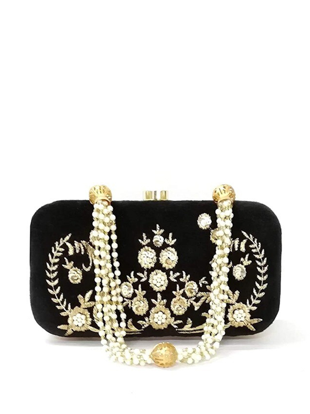 

FRINGES Embroidered Box Clutch, Black