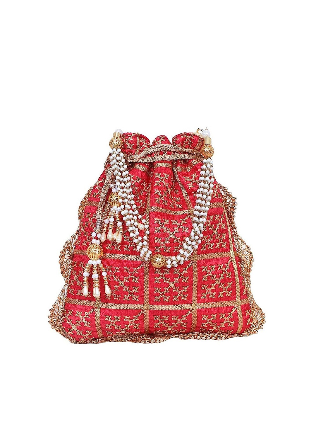 

FRINGES Embroidered Tassel Potli Clutch, Red
